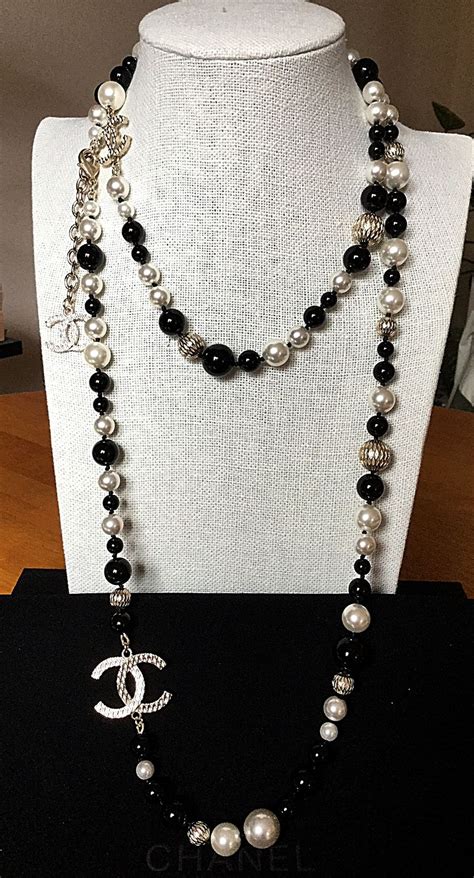 chanel black and white necklace|chanel pearl long strand necklaces.